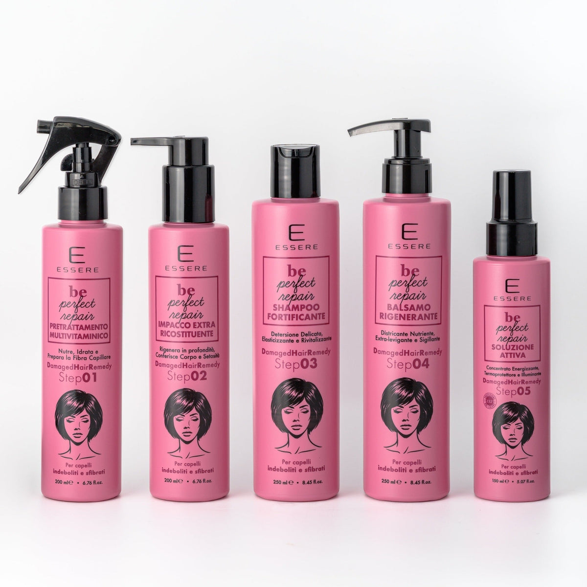 I cinque prodotti Be Perfect Repair di Essere in flacone rosa, dal pretrattamento alla Soluzione Attiva