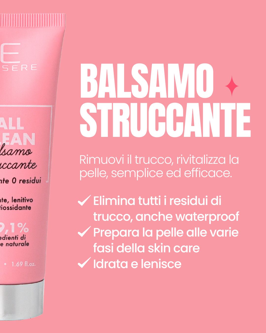 All Clean by Essere Bio benefits card: a balm that removes waterproof makeup and preps the skin