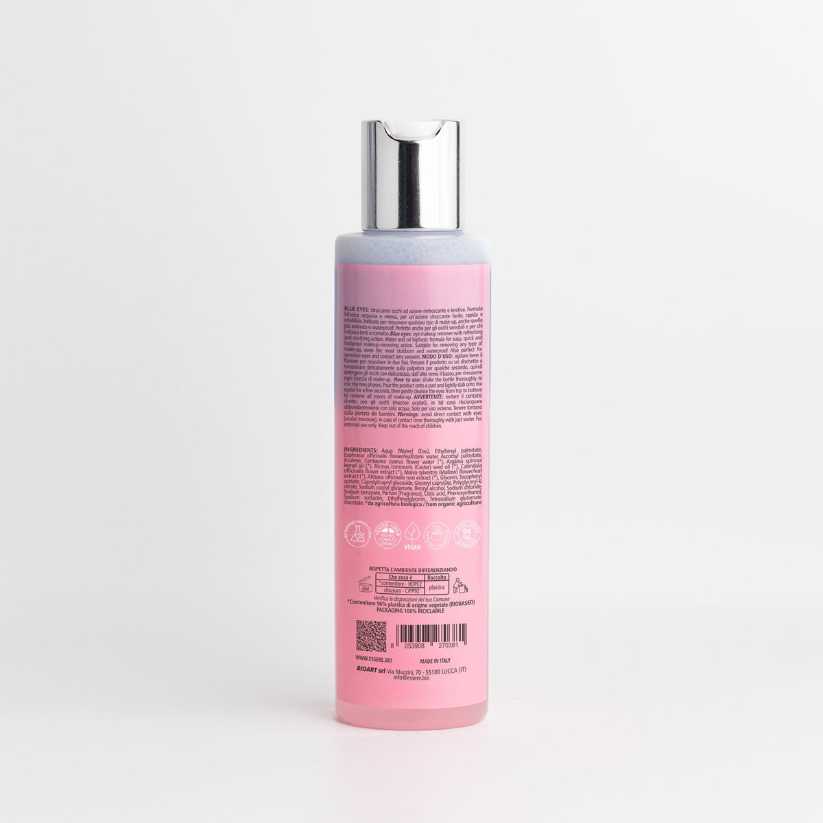 Back of the Essere Bio Blue Eyes 150 ml bottle with INCI list and 97% natural origin ingredients