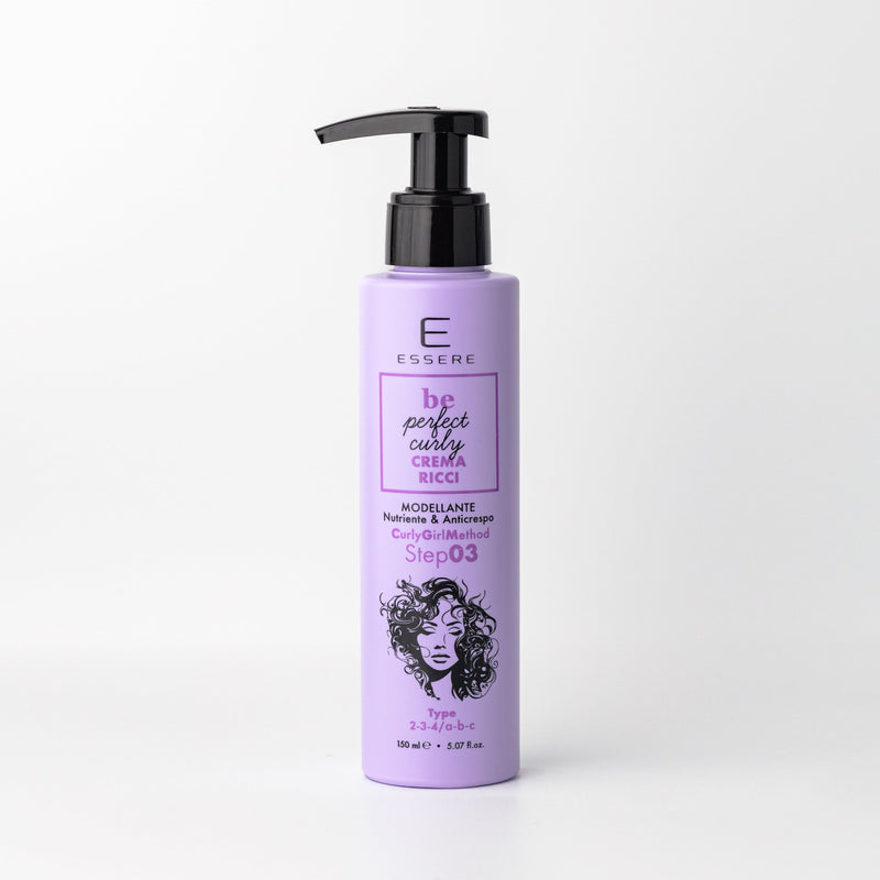 Essere Bio Crema Ricci Modellante 150 ml, flacone lilla con dosatore della linea Be Perfect Curly, fronte