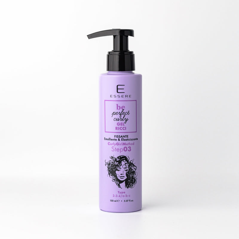 Essere Bio Gel Ricci Fissante 150 ml, flacone lilla con dosatore della linea Be Perfect Curly, fronte
