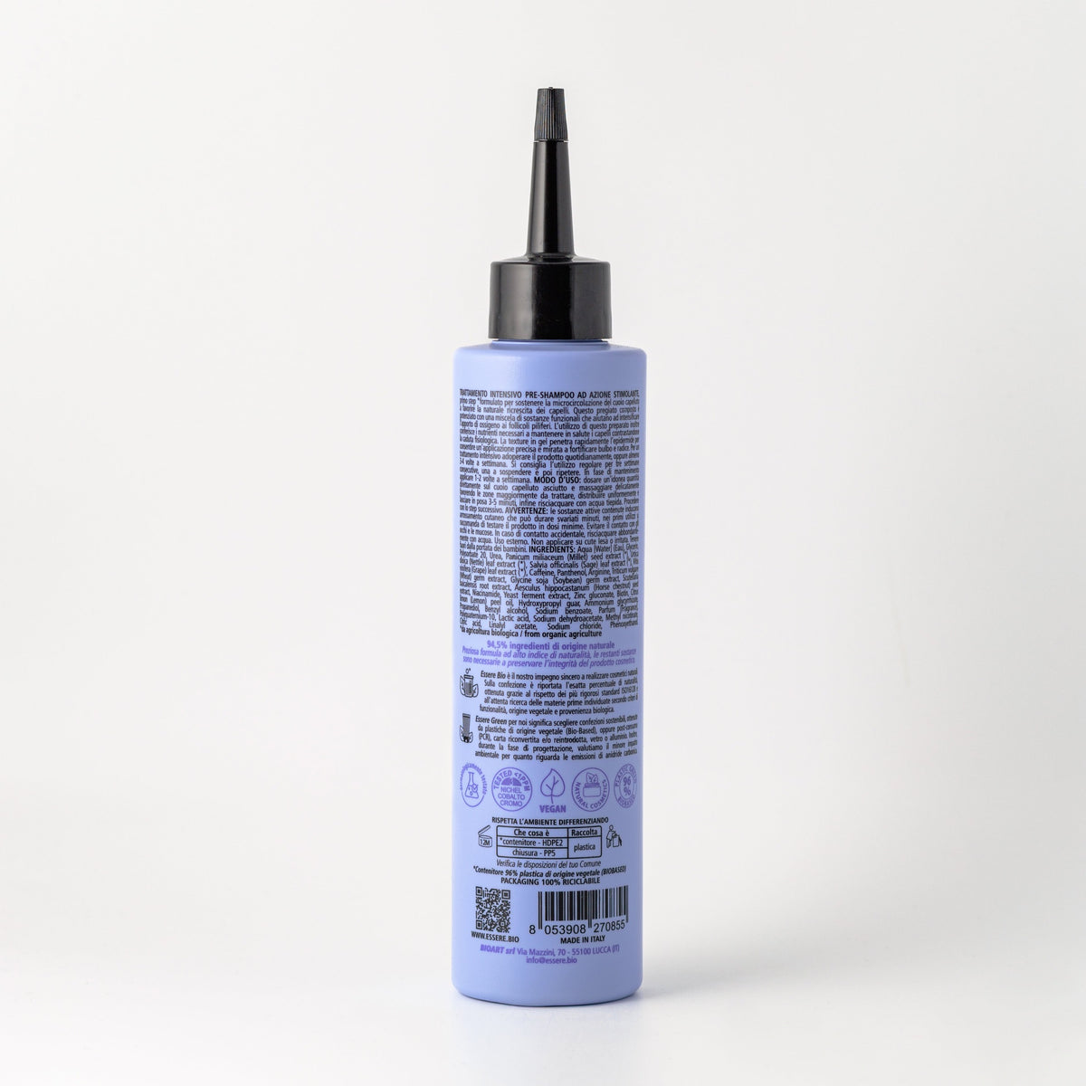 Back of the Essere Bio Regrowth Pre-Shampoo Treatment 200 ml with INCI and natural origin ingredients, Be Perfect Regrowth line