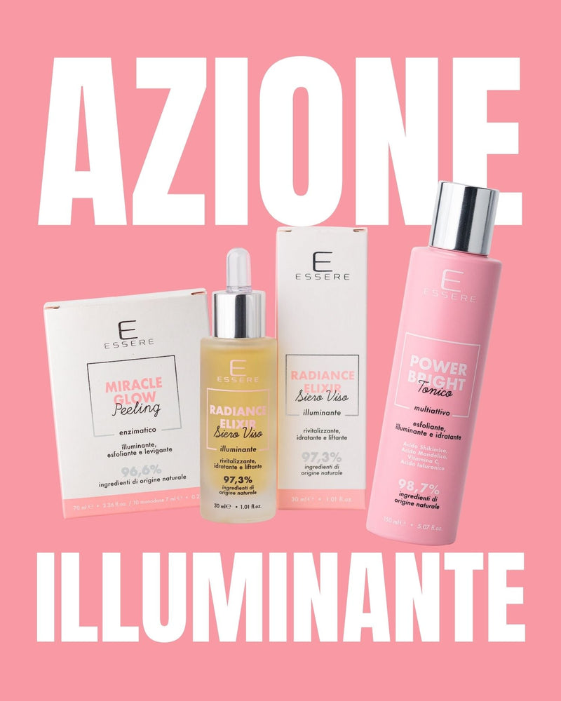 Kit Azione Illuminante Essere Bio: Radiance Blur siero, Miracle Glow peeling e Power Bright tonico per pelle spenta