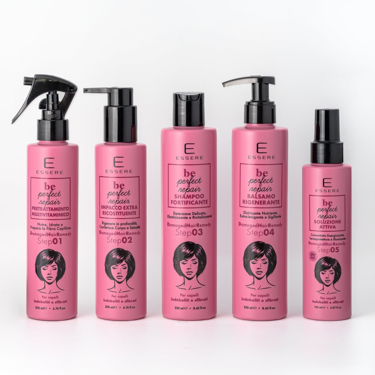 The five Essere Bio Be Perfect Repair products in a row, pink bottles, front view on a light background