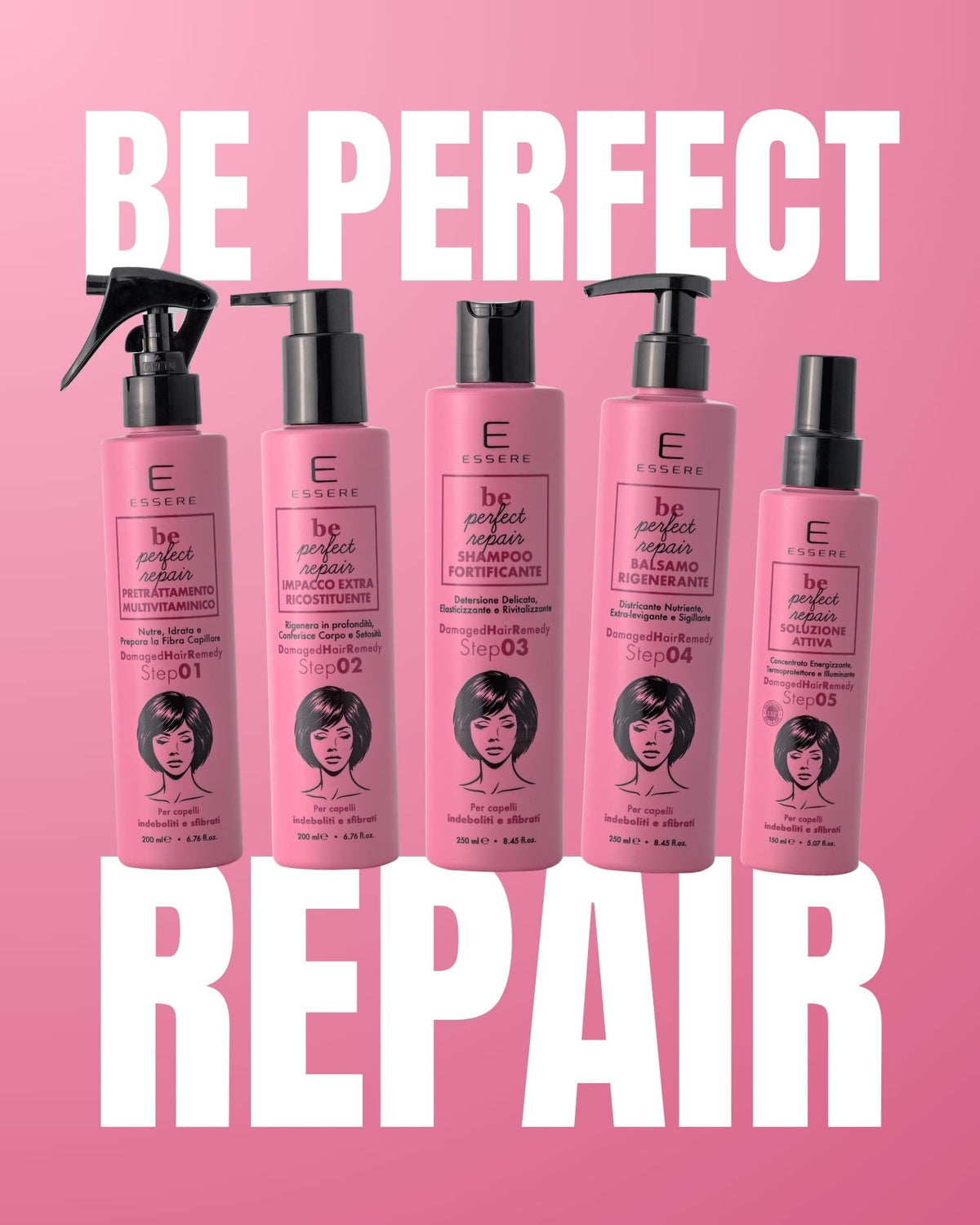 Essere Bio Be Perfect Repair Kit: the five products in pink bottles for damaged hair care