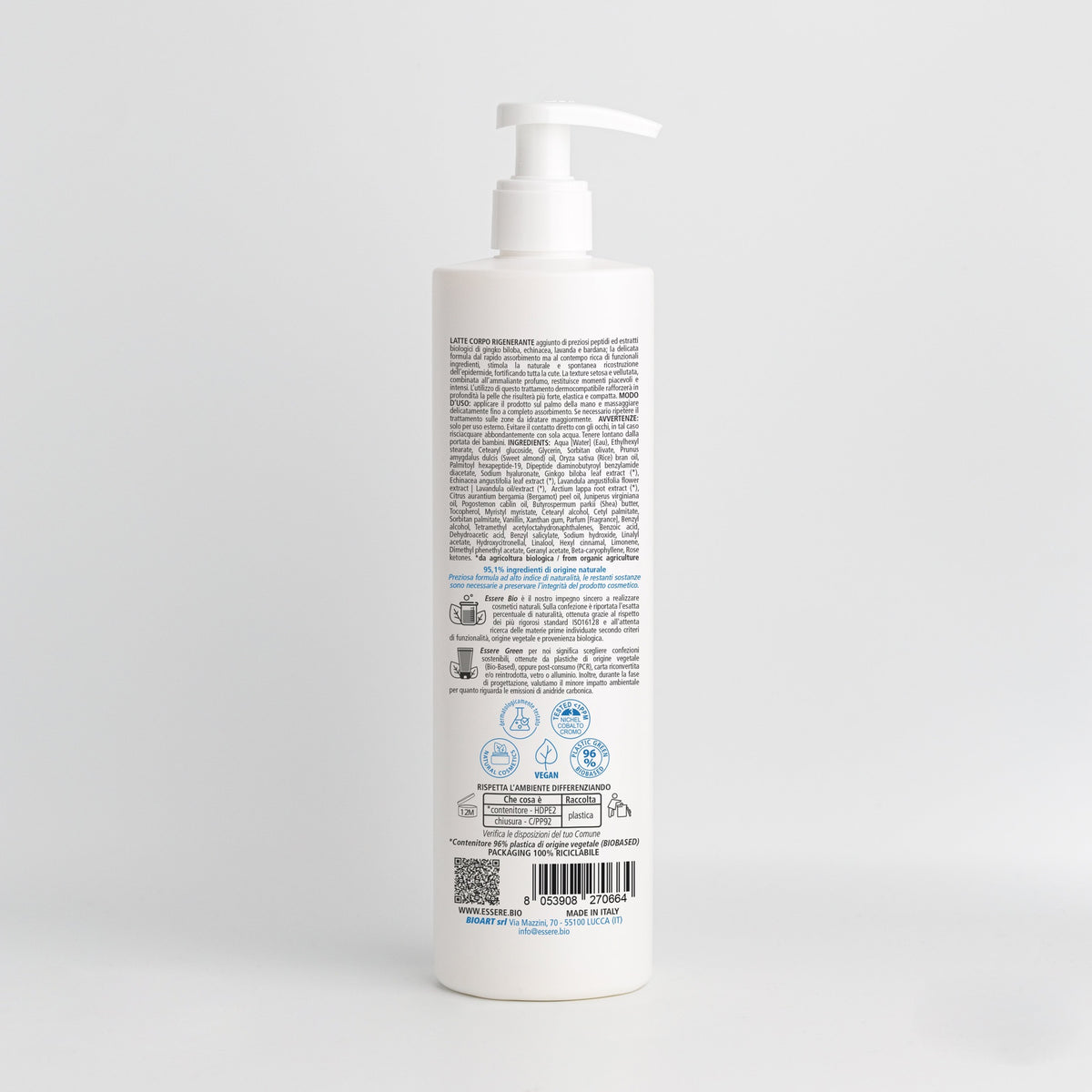 Back of the Essere Bio Peptide Regenerating Body Lotion 500 ml bottle with INCI and natural origin ingredients, Be Body Like