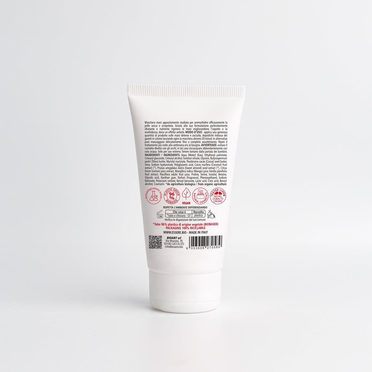 Back of the Essere Bio Hand Mask 75 ml with INCI and natural origin ingredients, Be Hands line