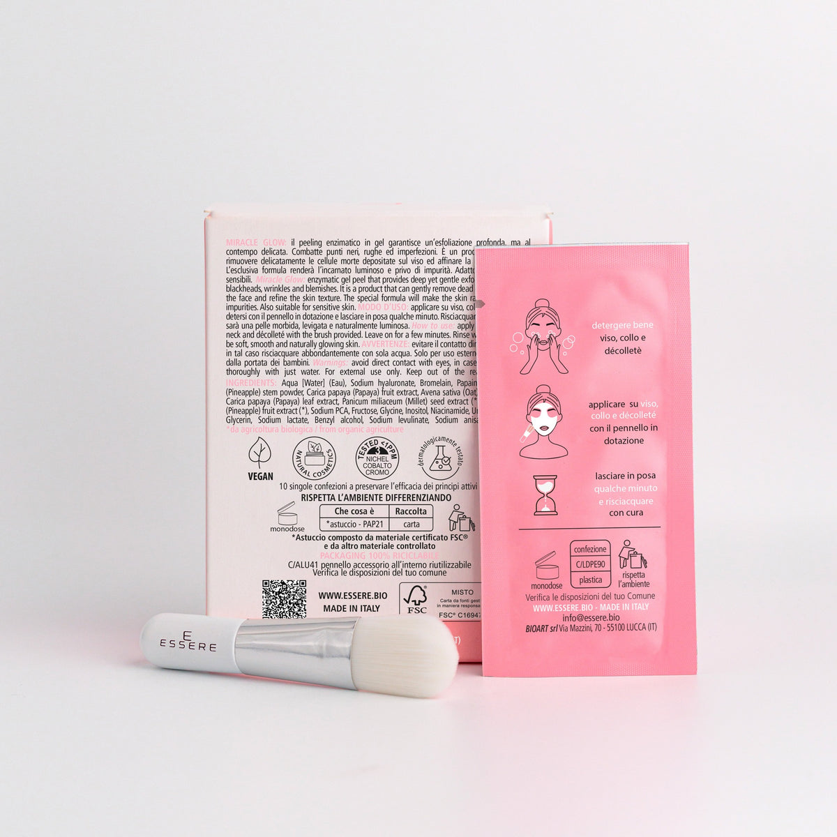 Back of the Essere Bio Miracle Glow 70 ml sachet with INCI and 96.6% natural origin ingredients
