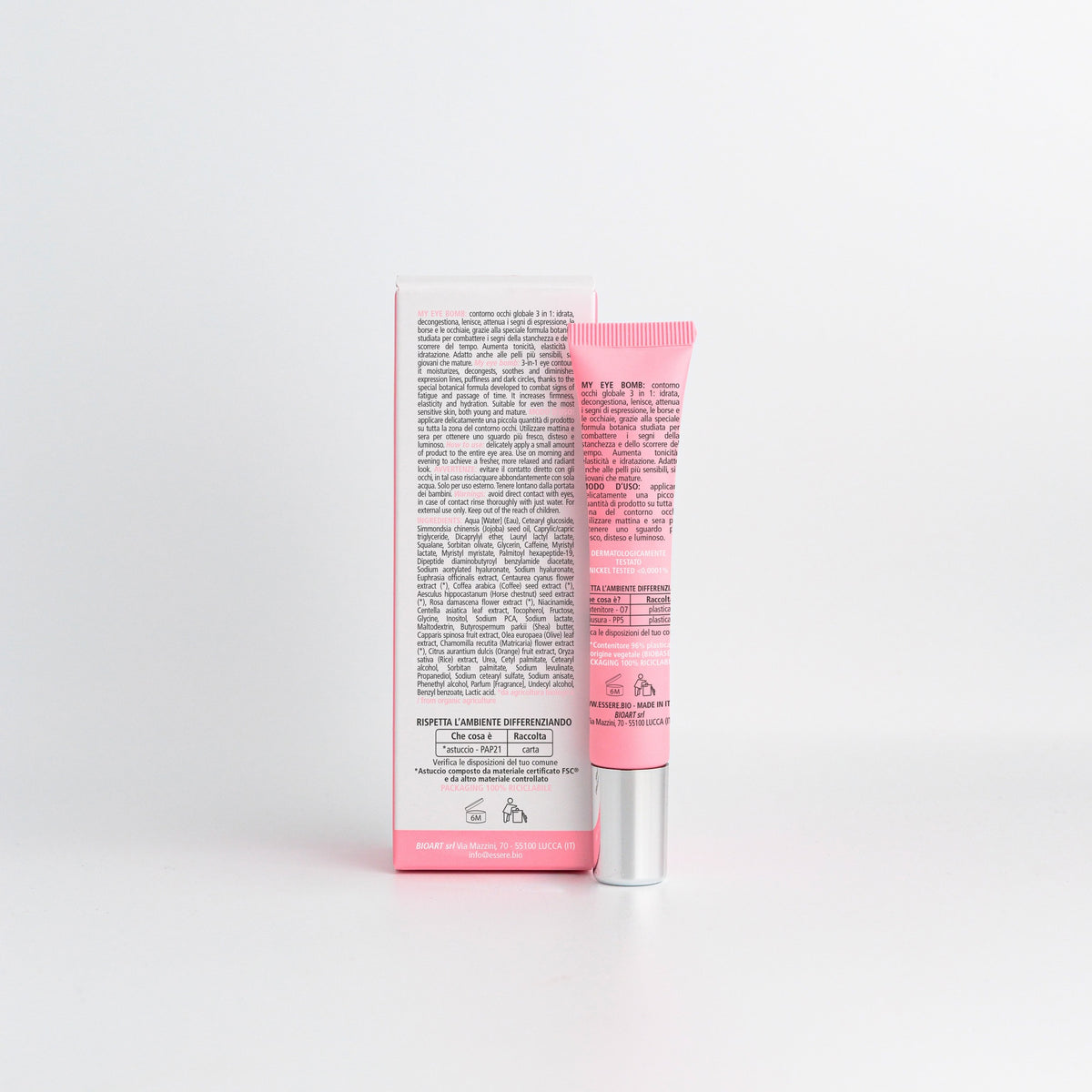 Back of the Essere Bio My Eye Bomb 15 ml tube with INCI and 95.3% natural origin ingredients