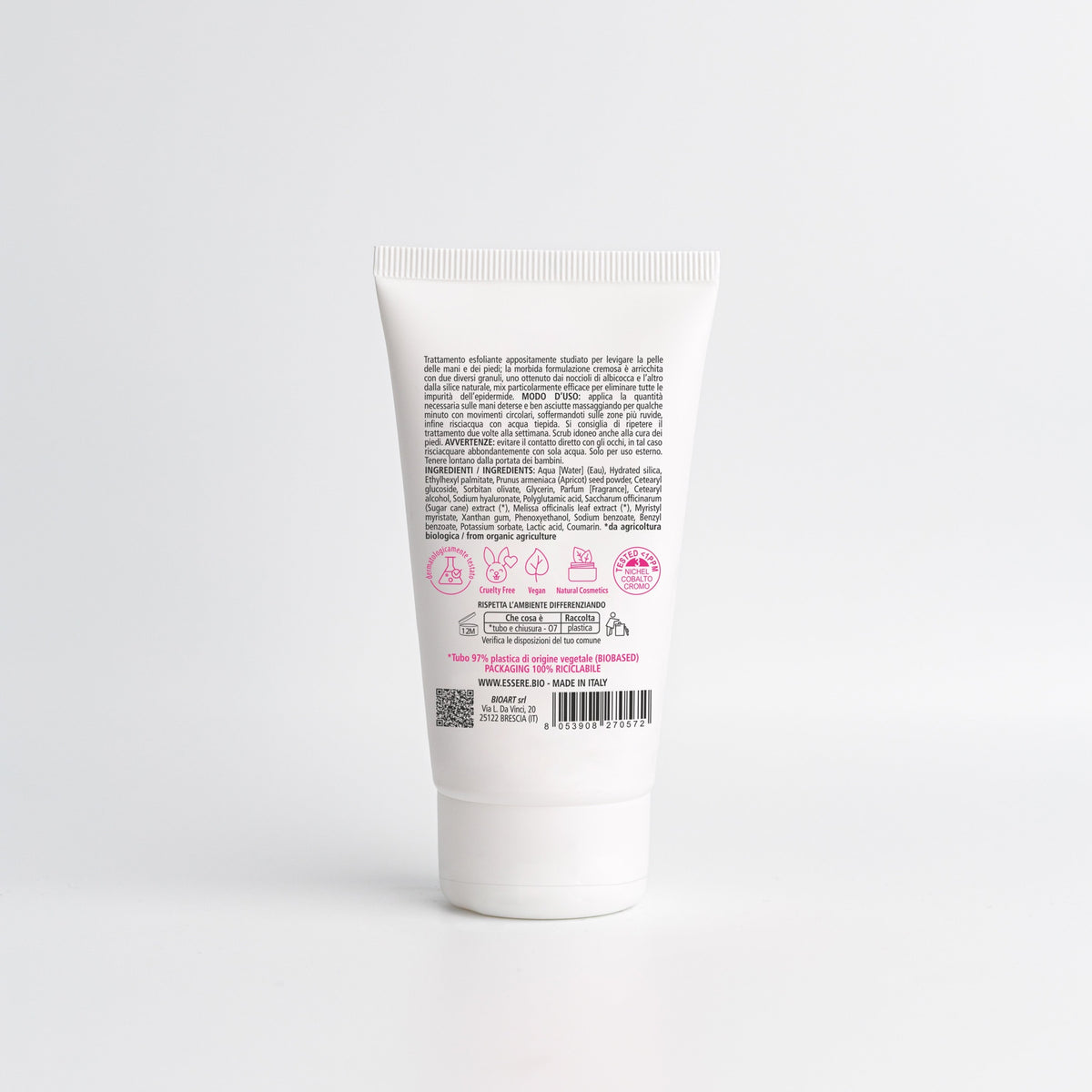 Back of the Essere Bio Hand Scrub 75 ml with INCI and natural origin ingredients, Be Hands line