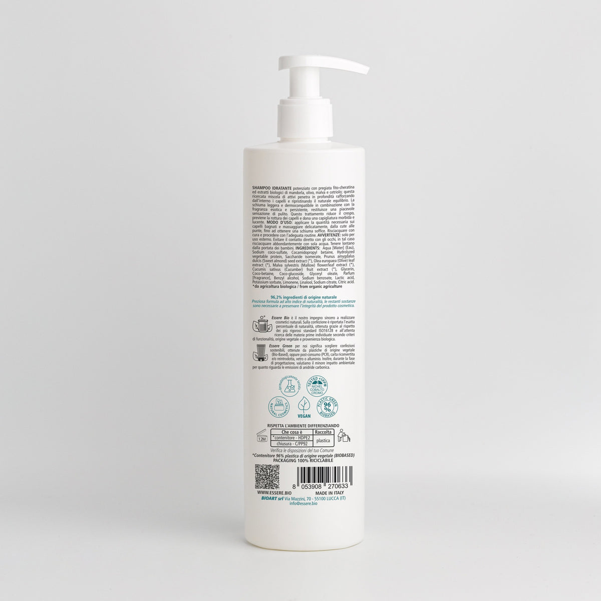 Back of the Essere Bio Phyto-Keratin Hydrating Shampoo 500 ml with INCI and natural origin ingredients, Be Hair Mazing