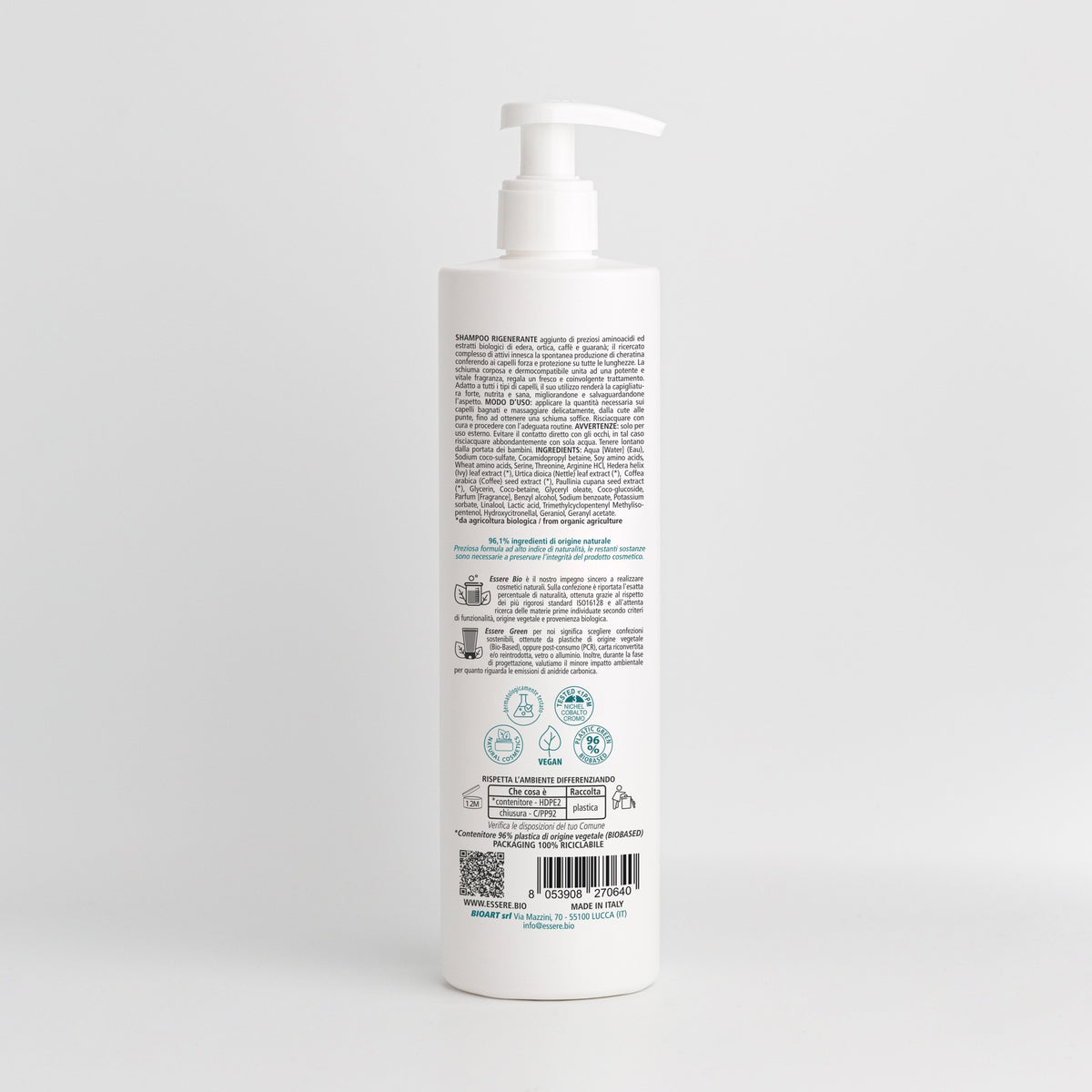 Back of the Essere Bio Amino Acid Regenerating Shampoo 500 ml with INCI and natural origin ingredients, Be Hair Mazing
