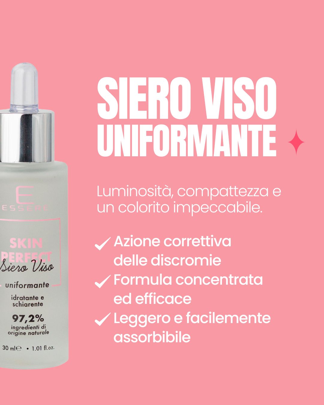 Essere Bio Skin Perfect benefits card: tone-evening serum that reduces dark spots and uneven tone