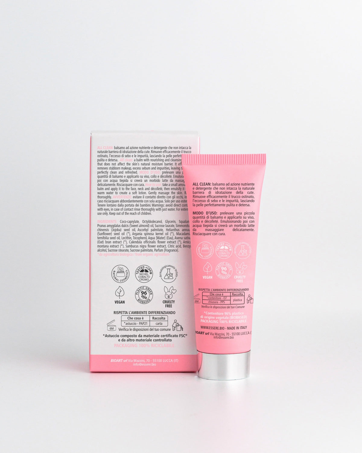 Back of the Essere Bio All Clean 50 ml tube with INCI and 99.1% natural origin ingredients