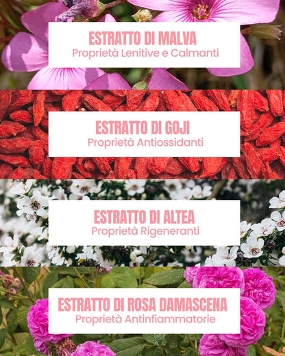 Attivi di Amazing Mask Essere Bio: estratti di malva, goji, altea e rosa damascena antiossidanti