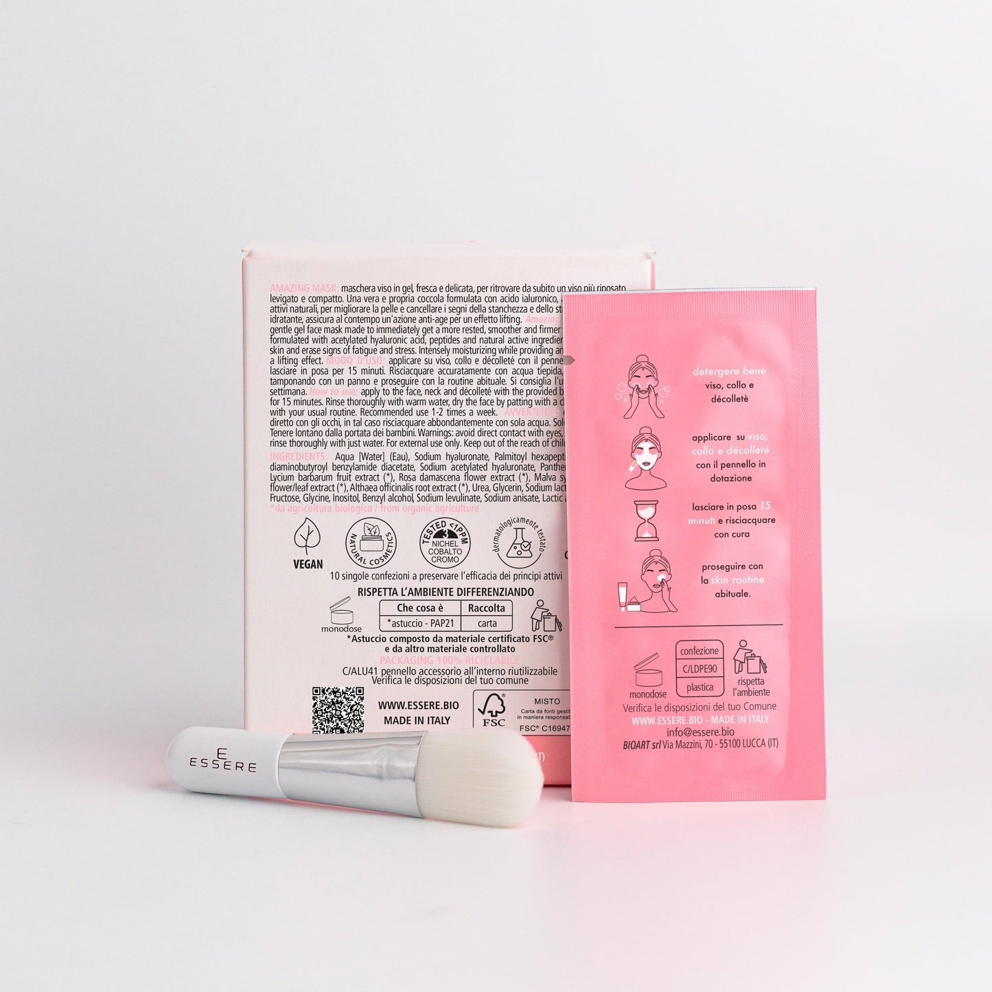Retro della bustina Amazing Mask Essere Bio 70 ml con INCI e 95,9% di ingredienti di origine naturale