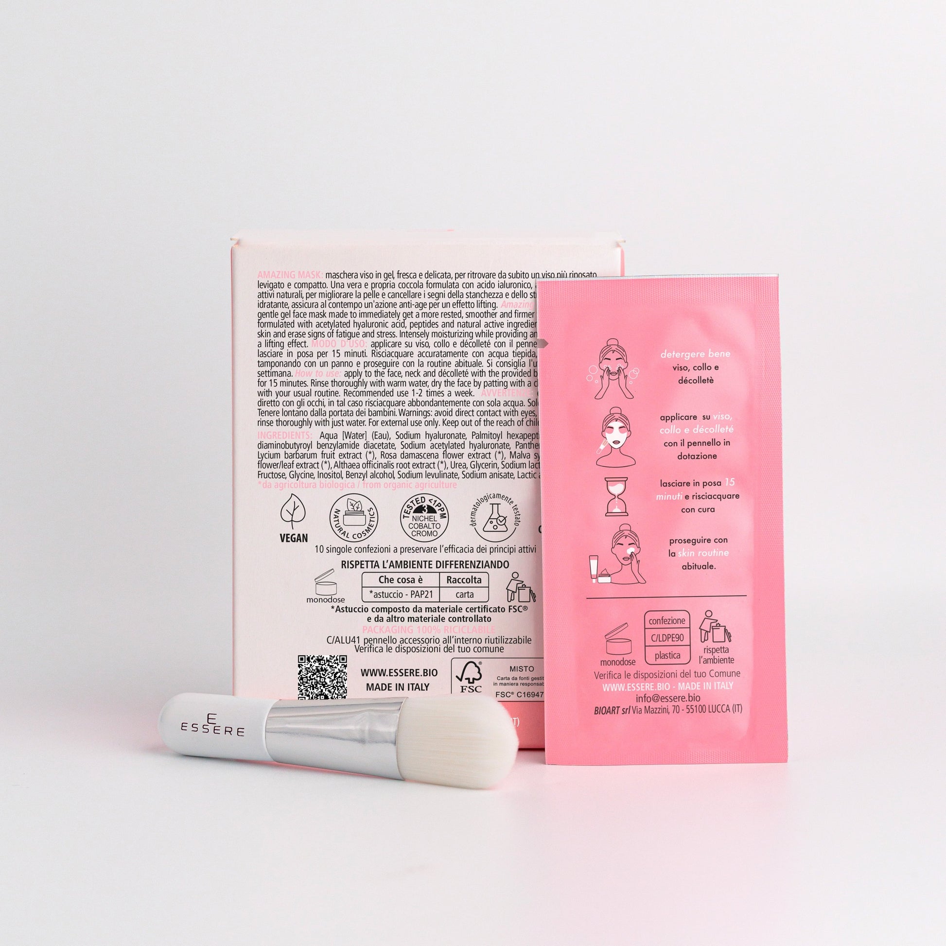 Retro della bustina Amazing Mask Essere Bio 70 ml con INCI e 95,9% di ingredienti di origine naturale