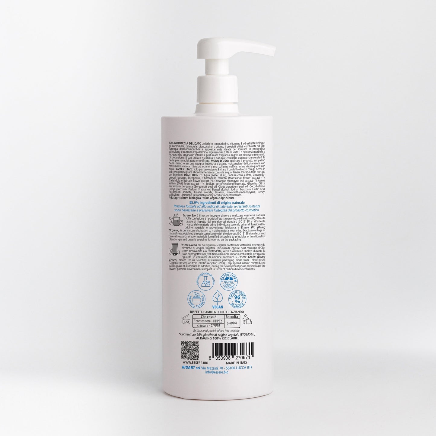 Retro del Bagnodoccia Delicato Vitamina E Essere Bio 1000 ml con INCI e ingredienti di origine naturale, Be Body Like