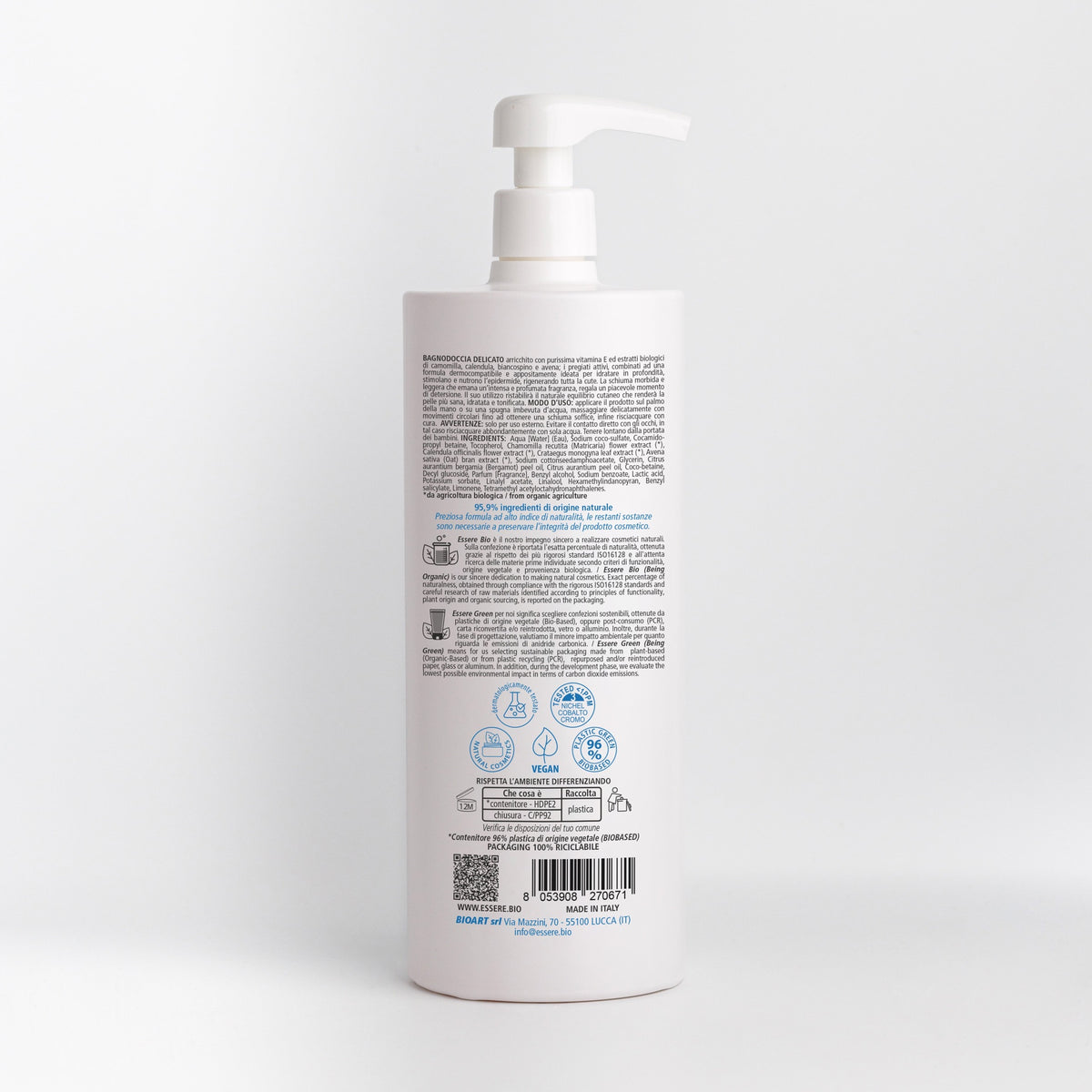 Back of the Essere Bio Vitamin E Gentle Shower Gel 1000 ml with INCI and natural origin ingredients, Be Body Like
