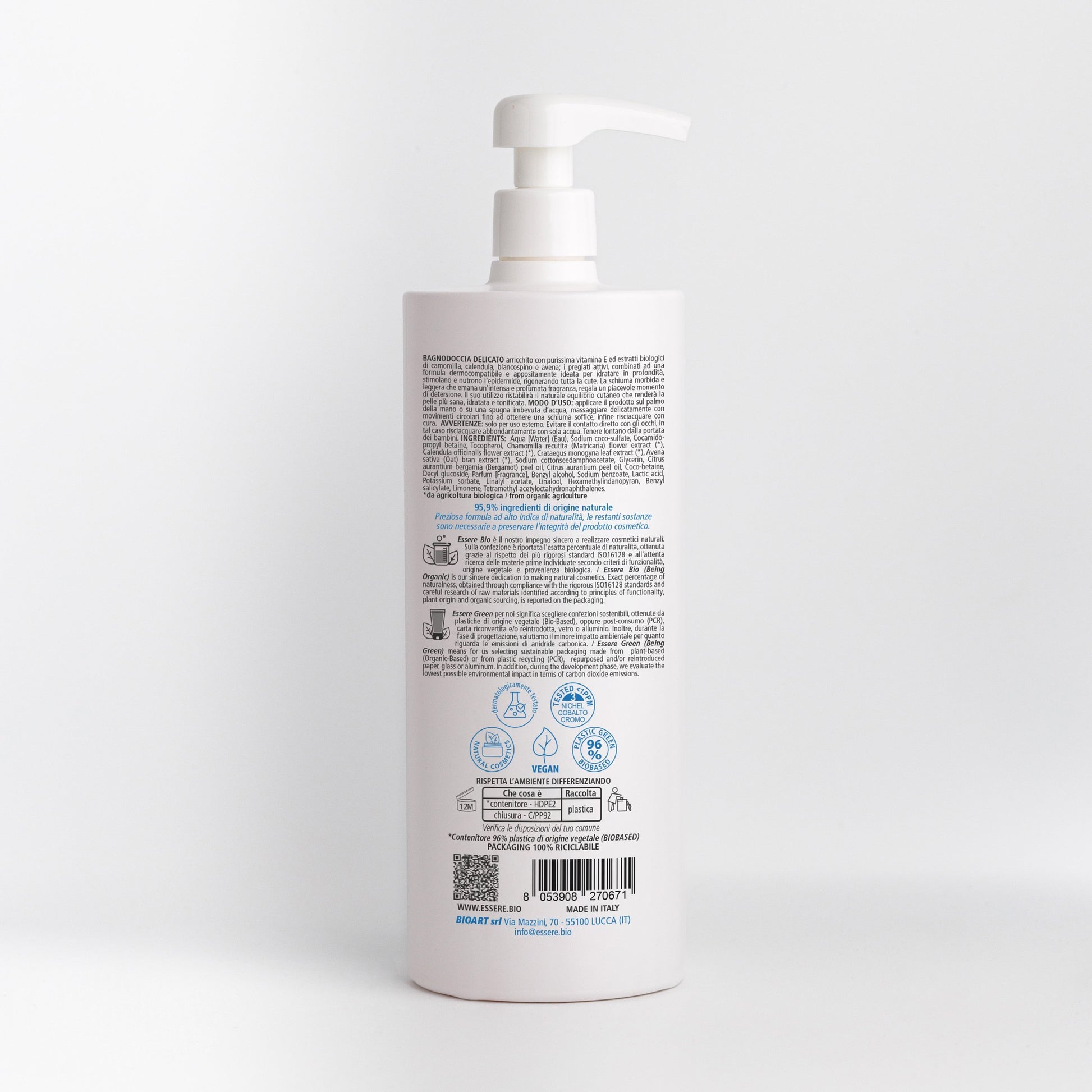 Retro del Bagnodoccia Delicato Vitamina E Essere Bio 1000 ml con INCI e ingredienti di origine naturale, Be Body Like