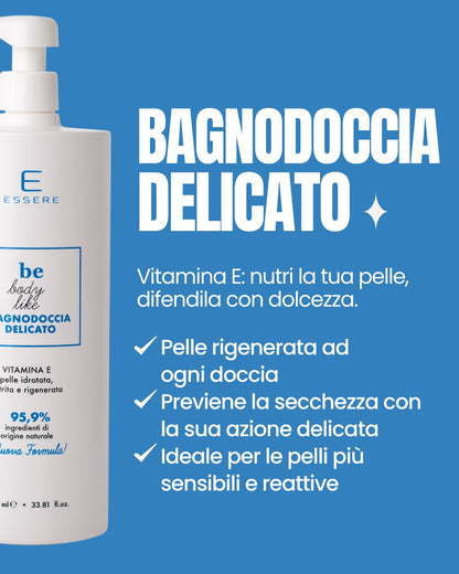 Benefici del Bagnodoccia Delicato Essere Bio: rigenera la pelle, previene la secchezza, ideale su pelli sensibili e reattive