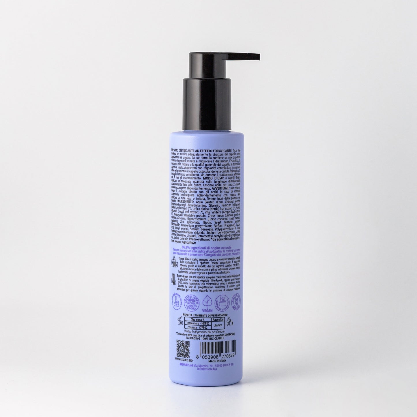 Retro del Balsamo Fortificante Essere Bio 200 ml con INCI e ingredienti di origine naturale, linea Be Perfect Regrowth