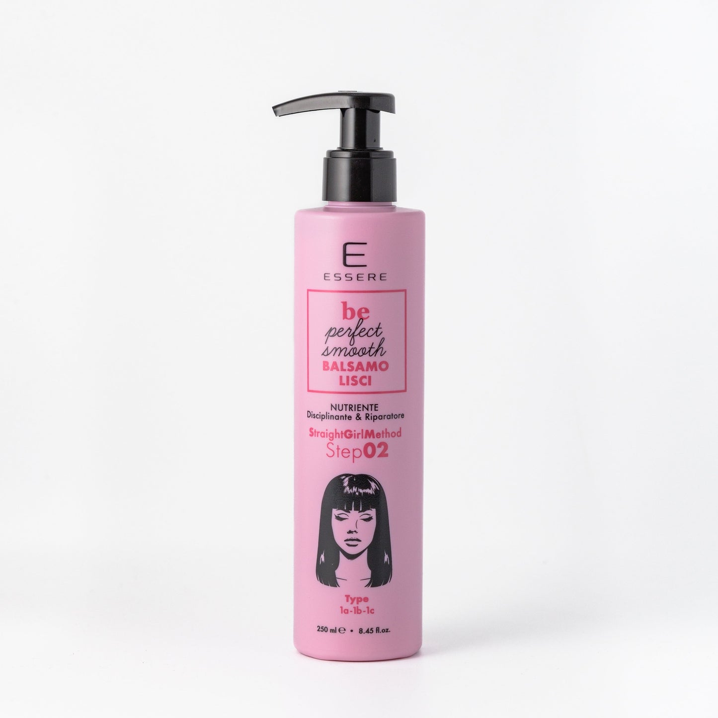 Essere Bio Balsamo Lisci Nutriente 250 ml, flacone rosa con dosatore della linea Be Perfect Smooth, fronte