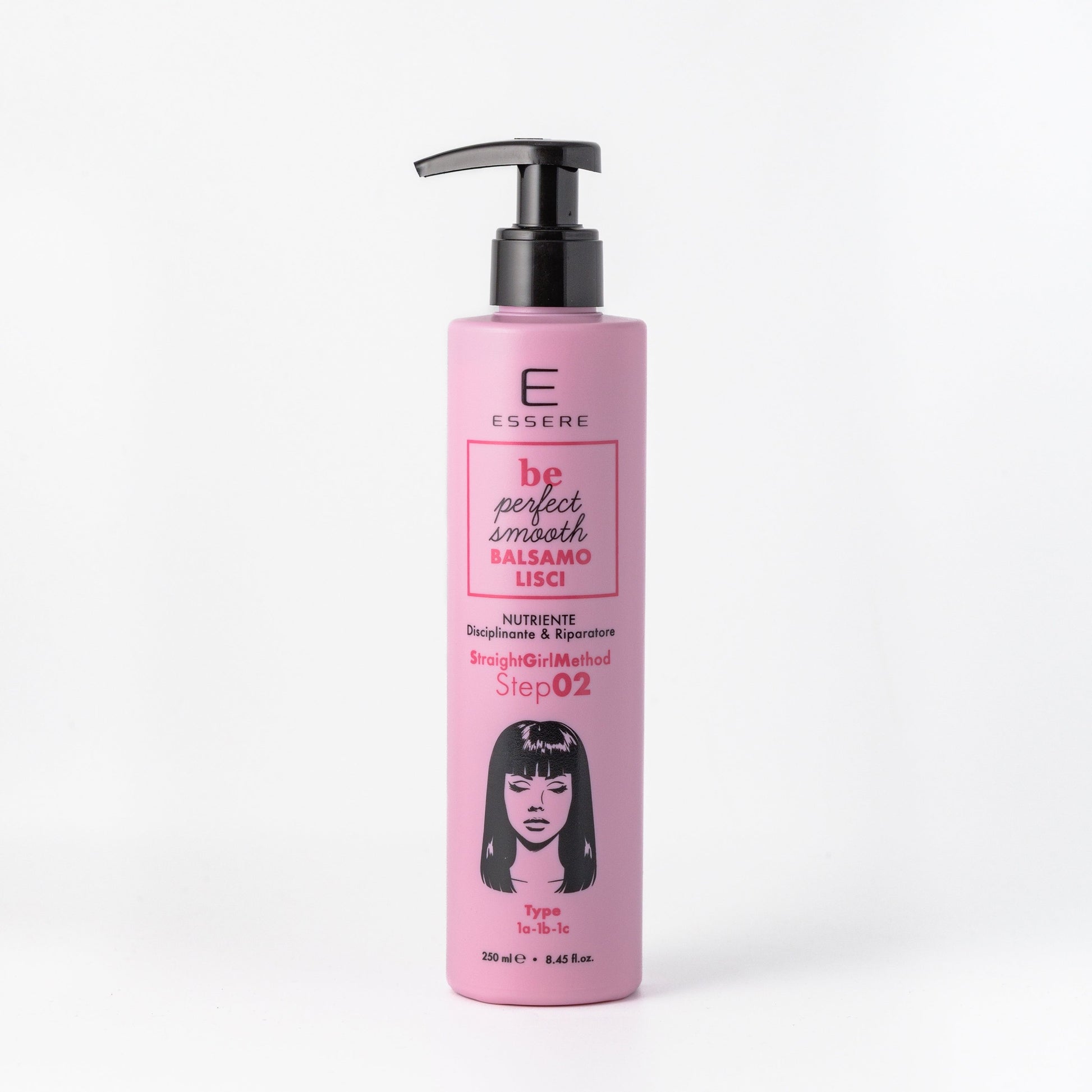 Essere Bio Balsamo Lisci Nutriente 250 ml, flacone rosa con dosatore della linea Be Perfect Smooth, fronte
