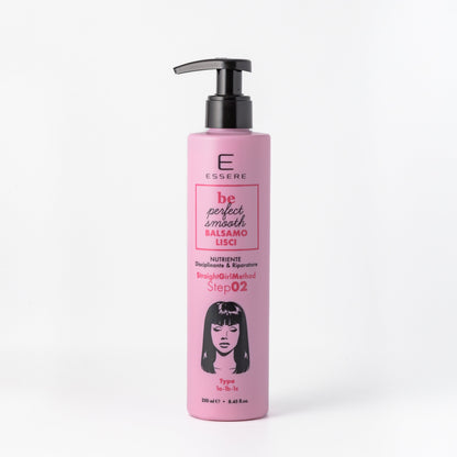 Essere Bio Balsamo Lisci Nutriente 250 ml, flacone rosa con dosatore della linea Be Perfect Smooth, fronte