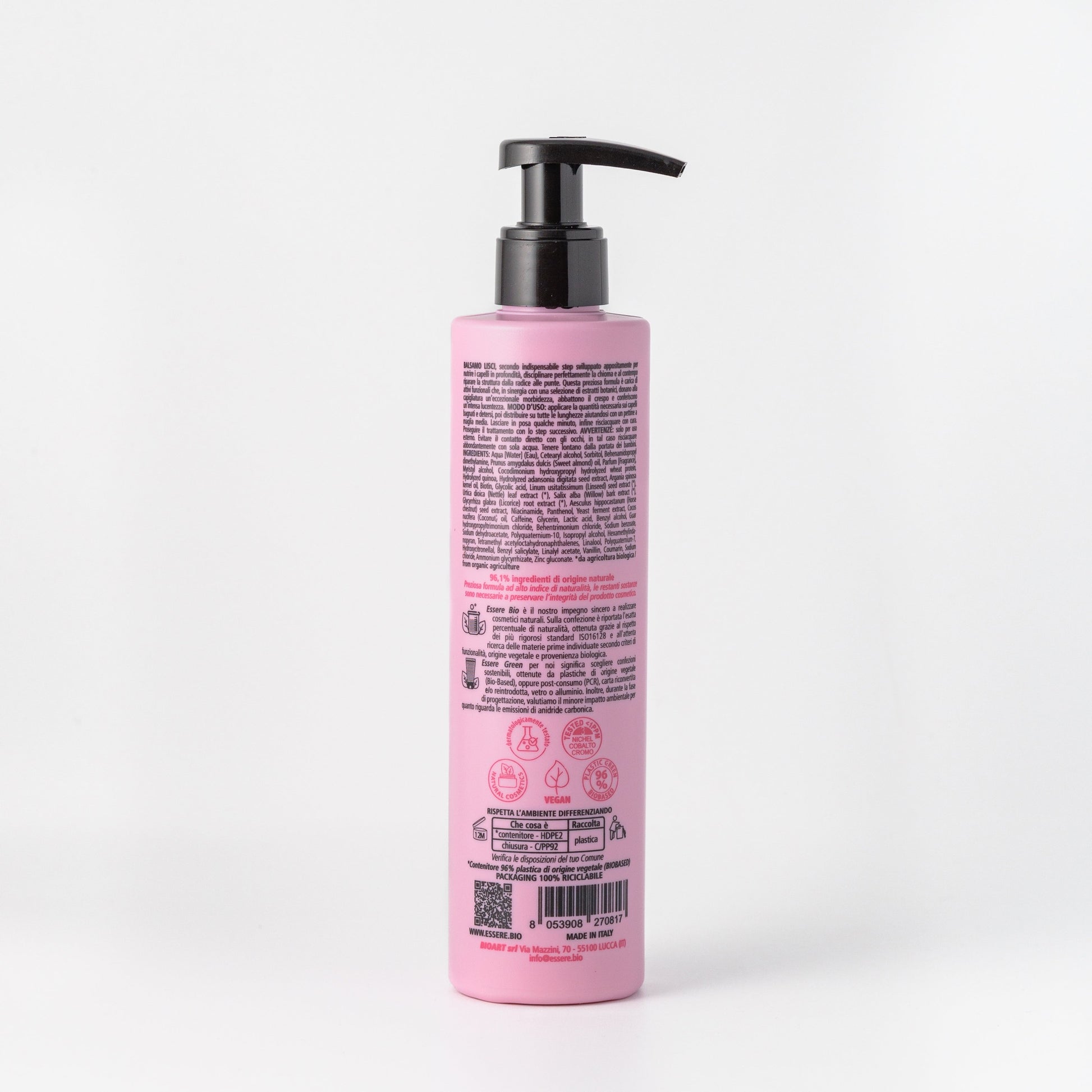 Retro del Balsamo Lisci Nutriente Essere Bio 250 ml con INCI e ingredienti di origine naturale
