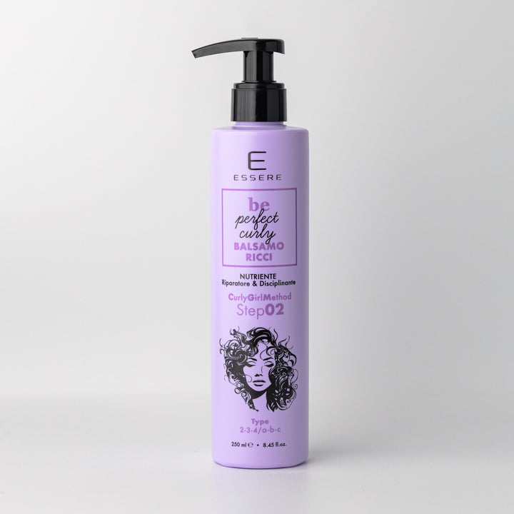 Essere Bio Balsamo Ricci Nutriente 250 ml, flacone lilla con dosatore della linea Be Perfect Curly, fronte