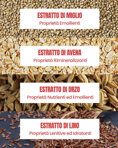 Attivi del Balsamo Riparatore Essere Bio: miglio emolliente, avena rimineralizzante, orzo nutriente e lino lenitivo