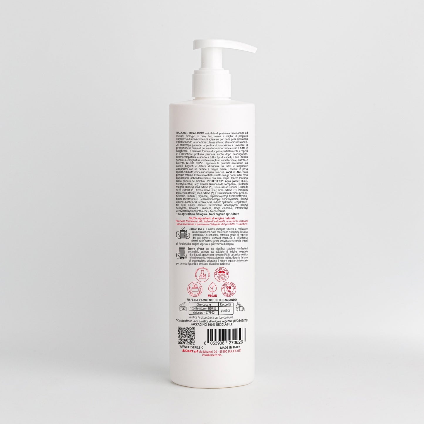 Retro del Balsamo Riparatore Niacinamide Essere Bio 500 ml con INCI e ingredienti di origine naturale, Be Hair Mazing