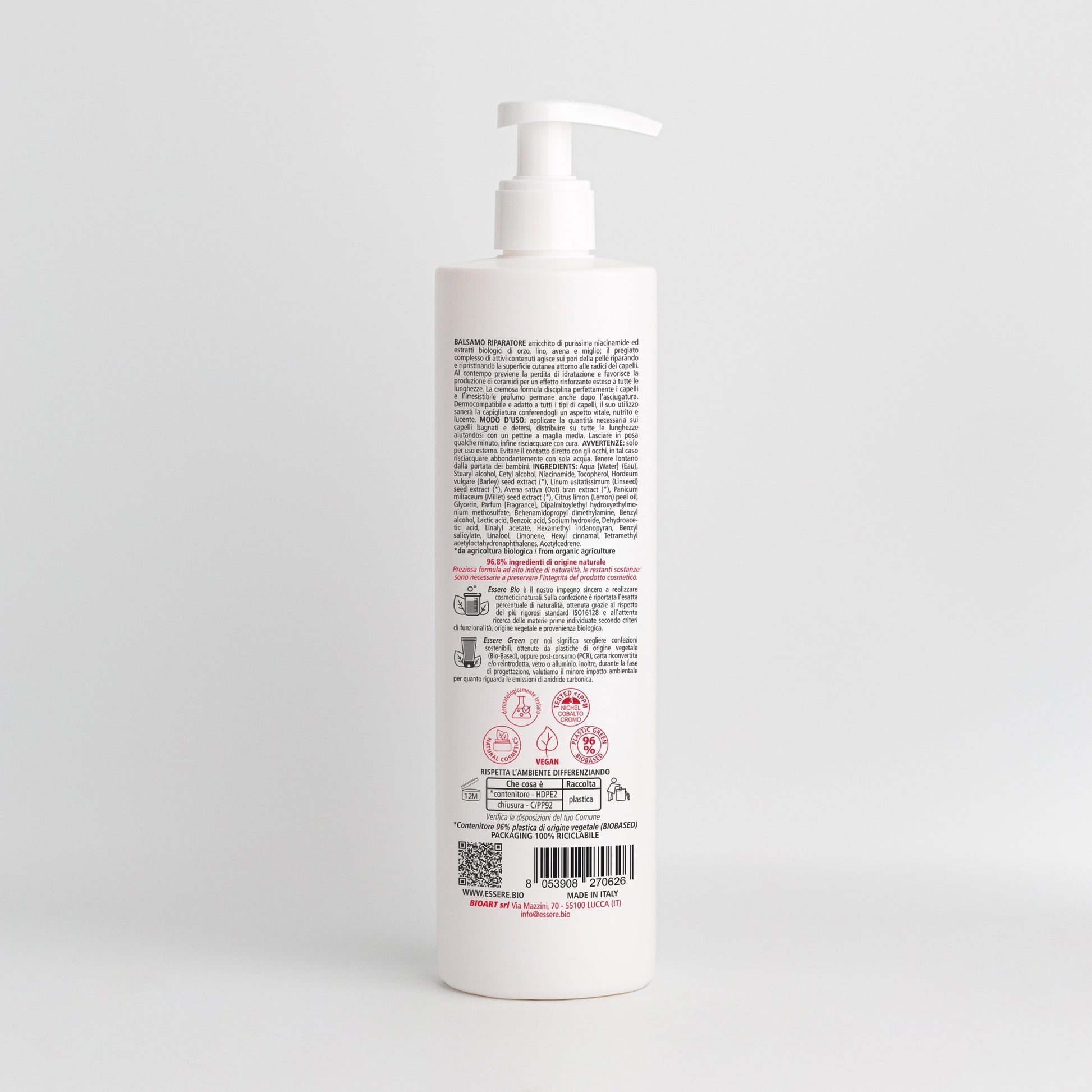 Retro del Balsamo Riparatore Niacinamide Essere Bio 500 ml con INCI e ingredienti di origine naturale, Be Hair Mazing