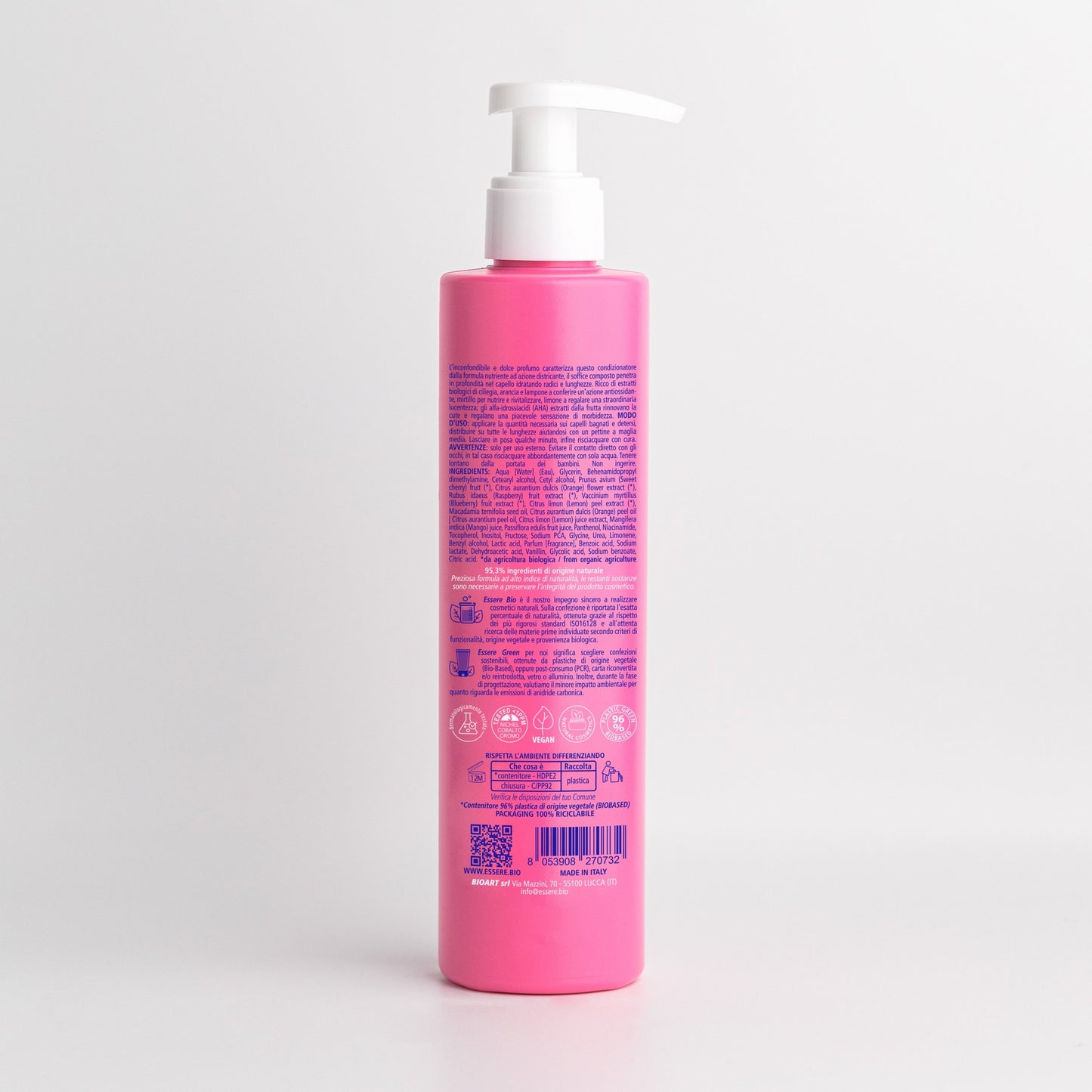 Retro del Be Bubble Conditioner Essere Bio 250 ml con INCI e ingredienti di origine naturale, linea Be Bubble