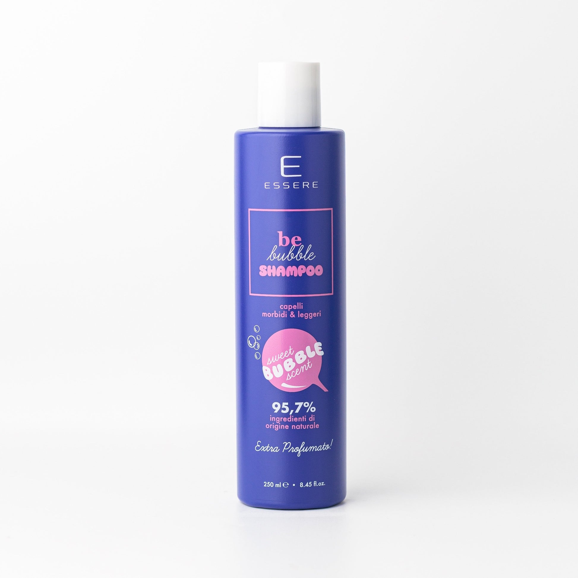 Essere Bio Be Bubble Shampoo 250 ml, flacone viola extra profumato con 95,7% di ingredienti di origine naturale, fronte