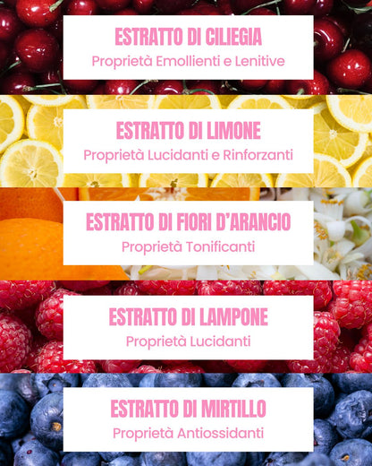 Attivi della linea Be Bubble Essere Bio: ciliegia emolliente, limone lucidante, fiori d'arancio, lampone e mirtillo