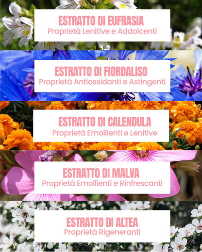 Attivi di Blue Eyes Essere Bio: estratti di eufrasia, fiordaliso, calendula, malva e altea lenitivi