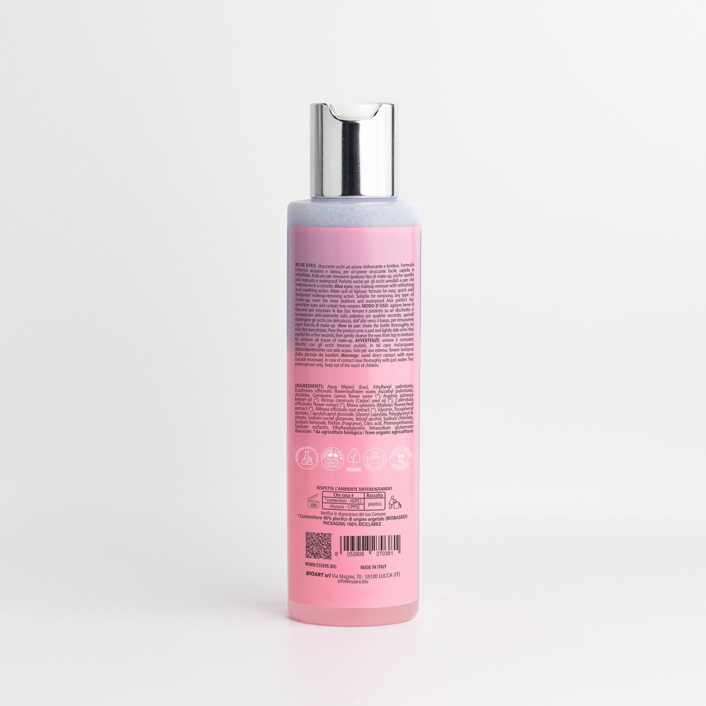 Retro del flacone Blue Eyes Essere Bio 150 ml con INCI e 97% di ingredienti di origine naturale
