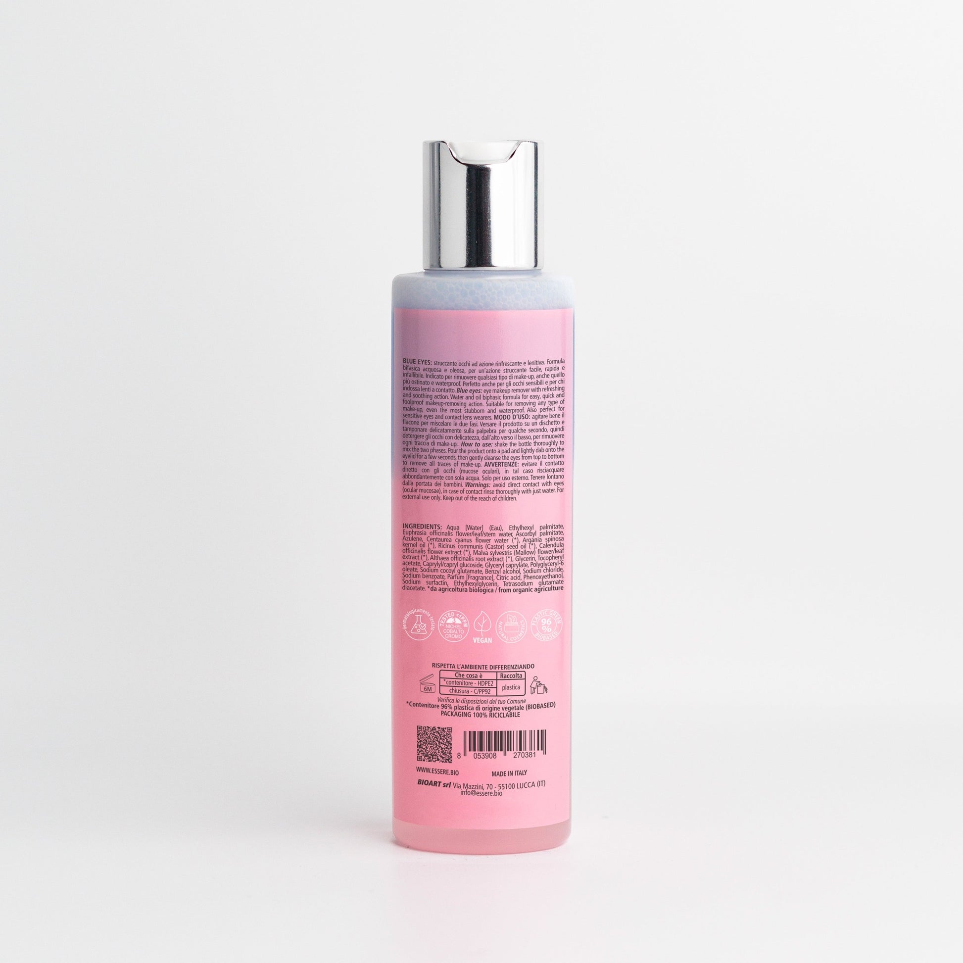 Retro del flacone Blue Eyes Essere Bio 150 ml con INCI e 97% di ingredienti di origine naturale