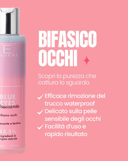 Scheda benefici di Blue Eyes Essere Bio: struccante bifasico che rimuove il trucco waterproof degli occhi