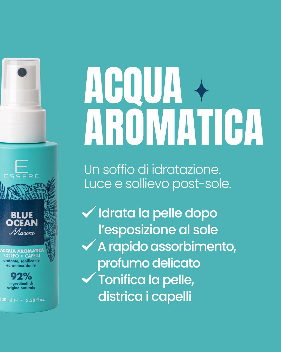 Benefici del Blue Ocean Marine Essere Bio: acqua aromatizzata che idrata dopo il sole e districa i capelli