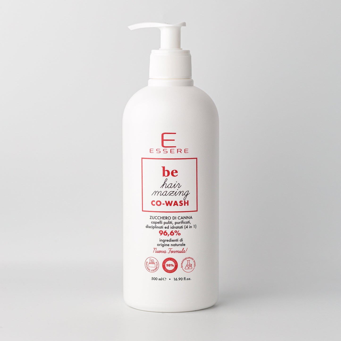 Essere Bio Co-Wash Zucchero di Canna 4 in 1 500 ml, flacone Be Hair Mazing con 96,6% di ingredienti di origine naturale