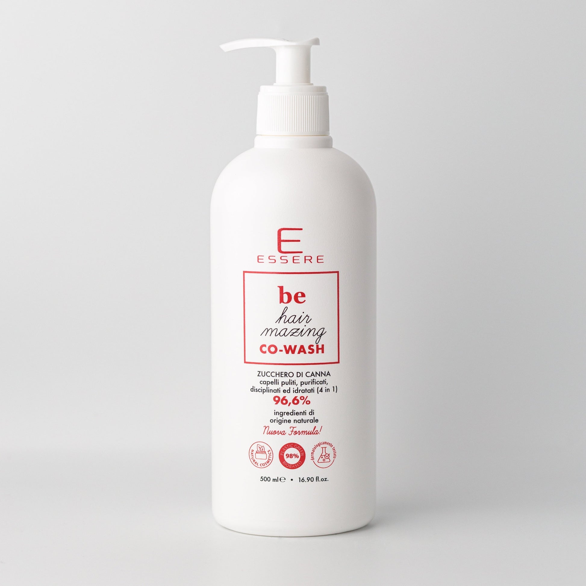 Essere Bio Co-Wash Zucchero di Canna 4 in 1 500 ml, flacone Be Hair Mazing con 96,6% di ingredienti di origine naturale
