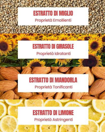 Attivi del Co-Wash Essere Bio: miglio emolliente, girasole idratante, mandorla tonificante ed estratto di limone astringente