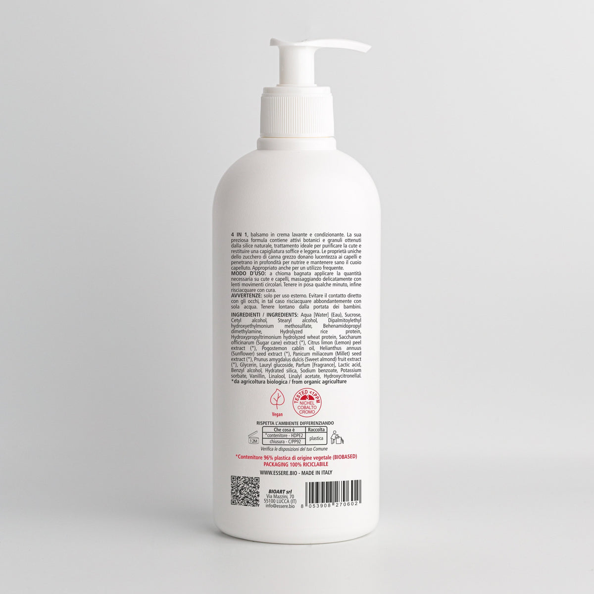 Back of Essere Bio Cane Sugar Co-Wash 500 ml with INCI list and natural origin ingredients, Be Hair Mazing line