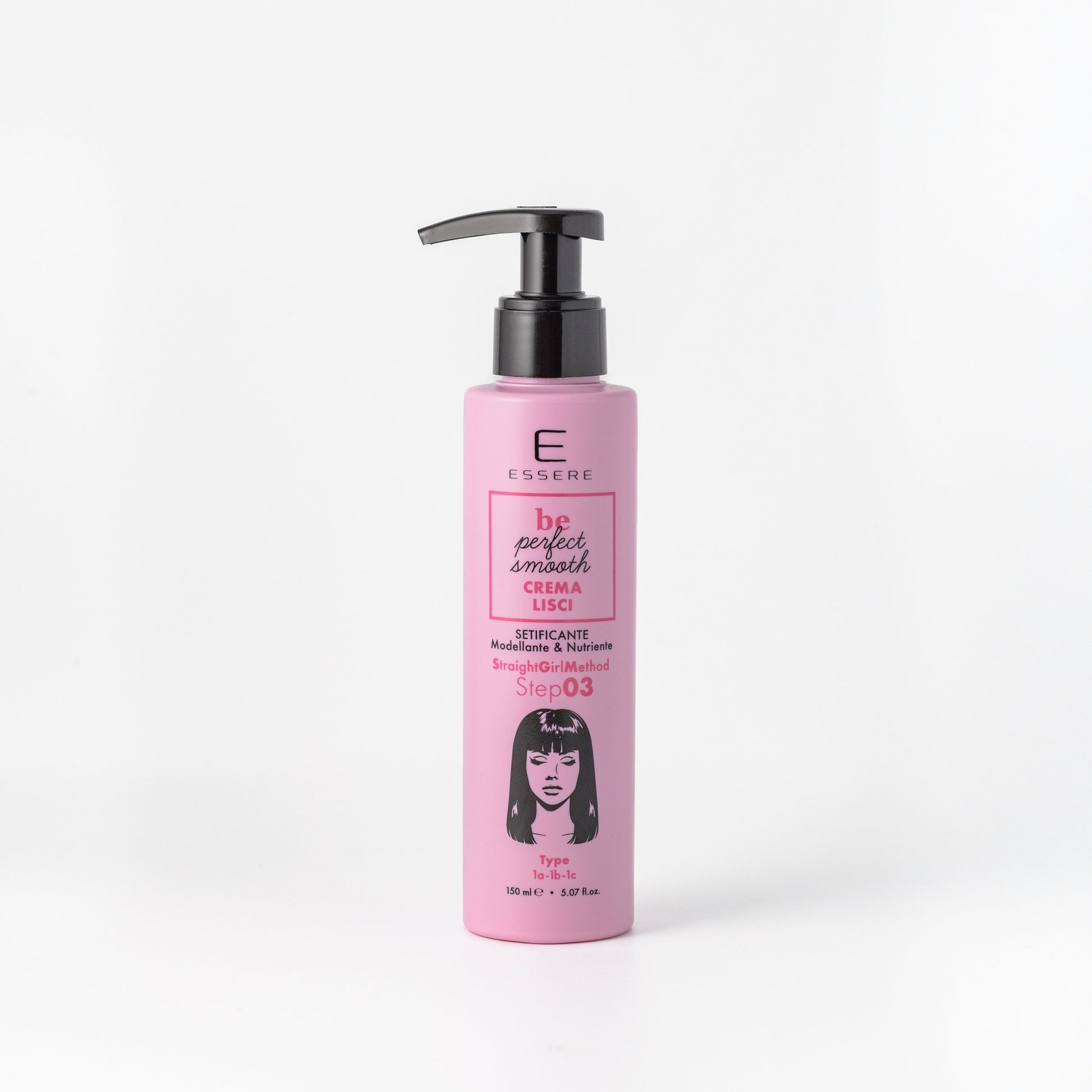 Essere Bio Crema Lisci Setificante 150 ml, flacone rosa con dosatore della linea Be Perfect Smooth, fronte