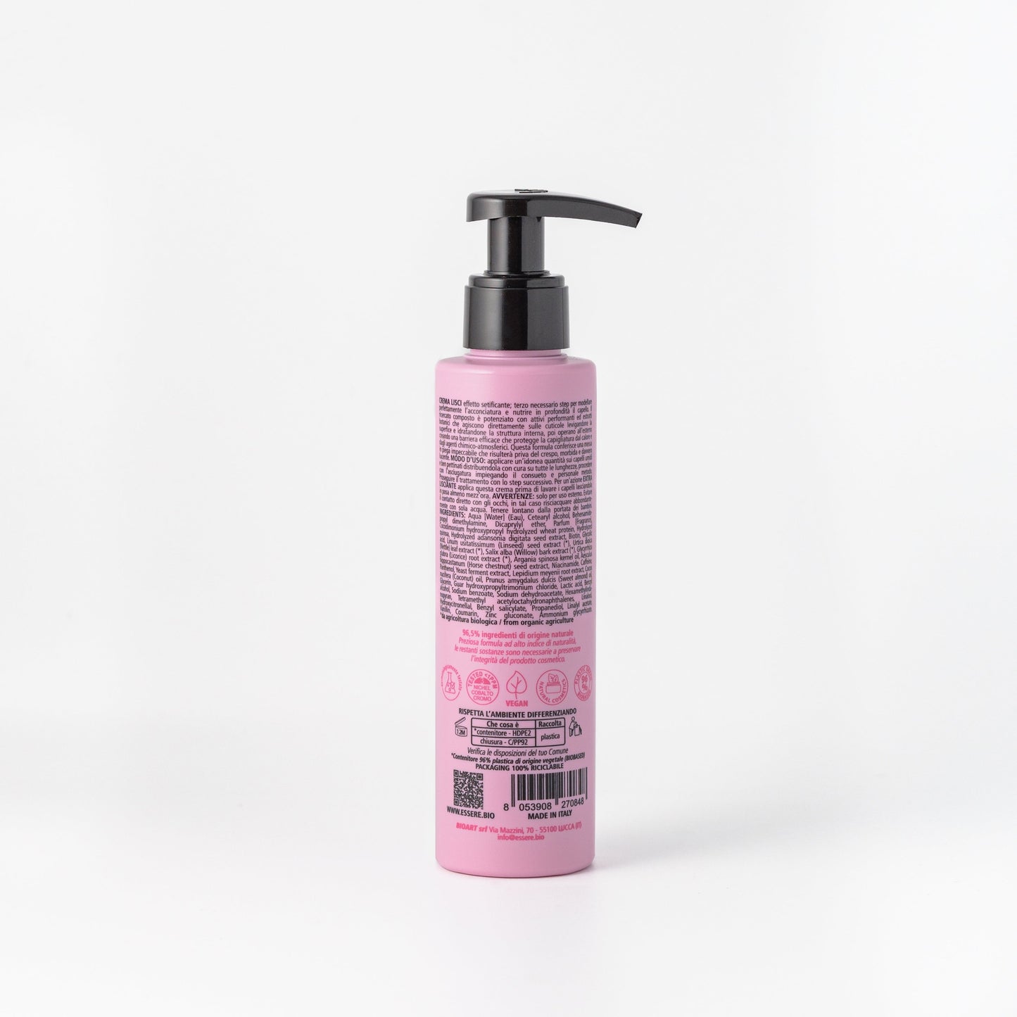 Retro della Crema Lisci Setificante Essere Bio 150 ml con INCI e ingredienti di origine naturale