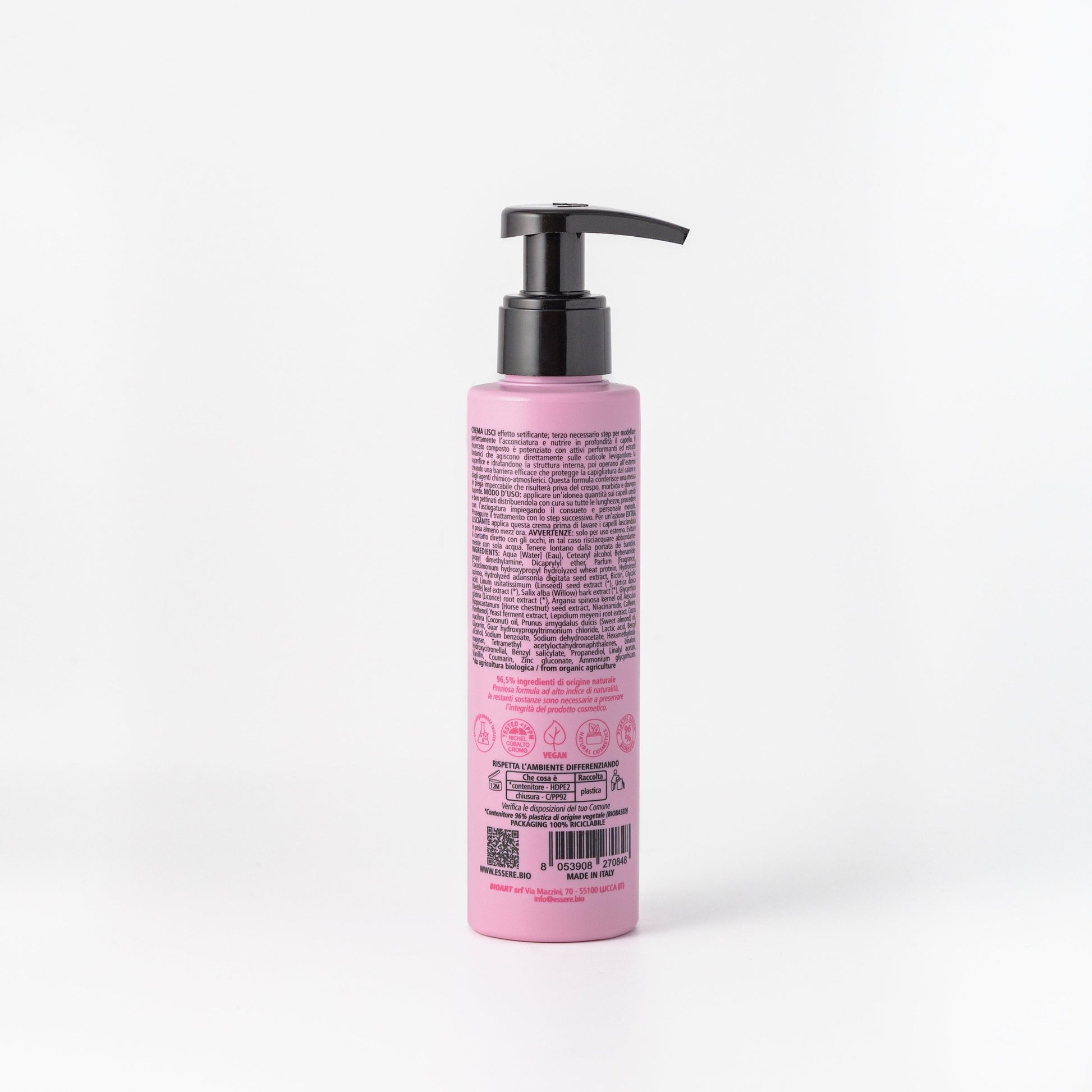 Retro della Crema Lisci Setificante Essere Bio 150 ml con INCI e ingredienti di origine naturale