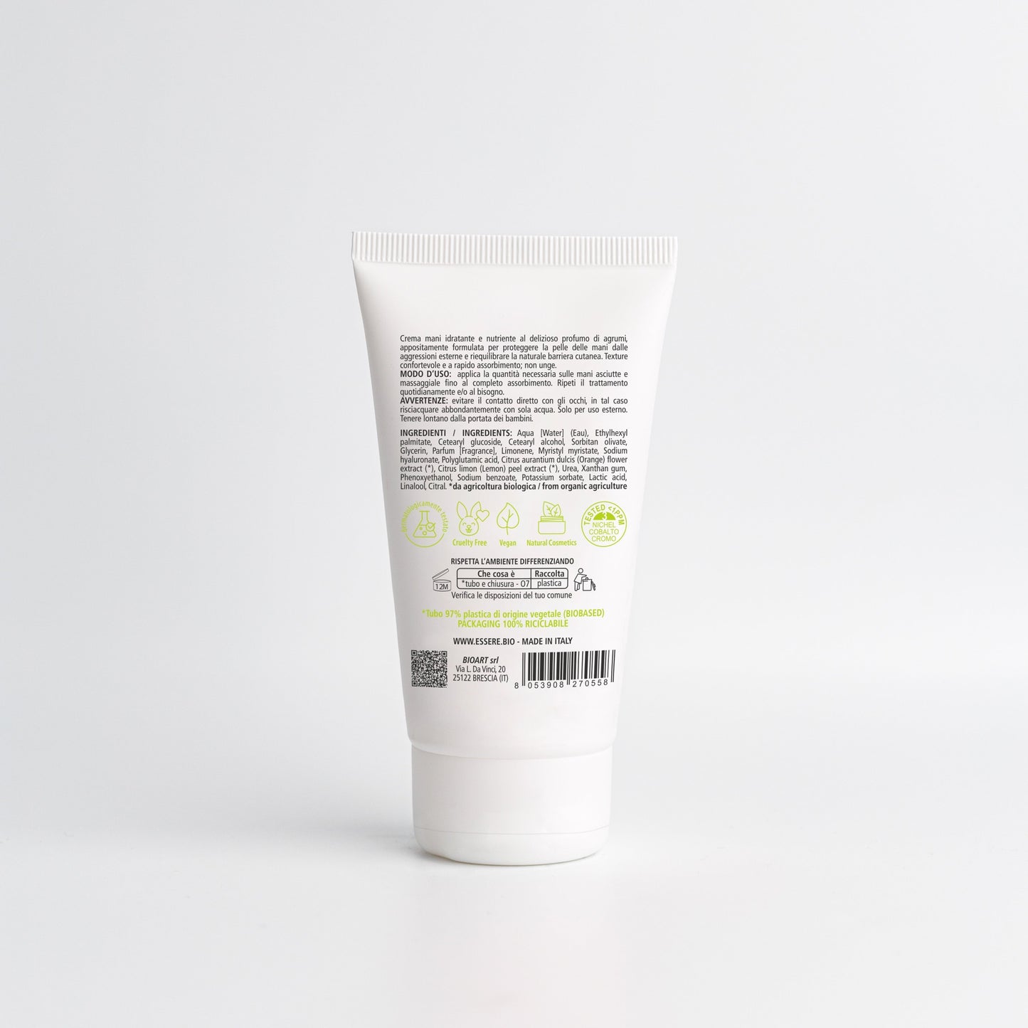 Retro della Crema Mani Agrumi Essere Bio 75 ml con INCI e ingredienti di origine naturale, linea Be Hands